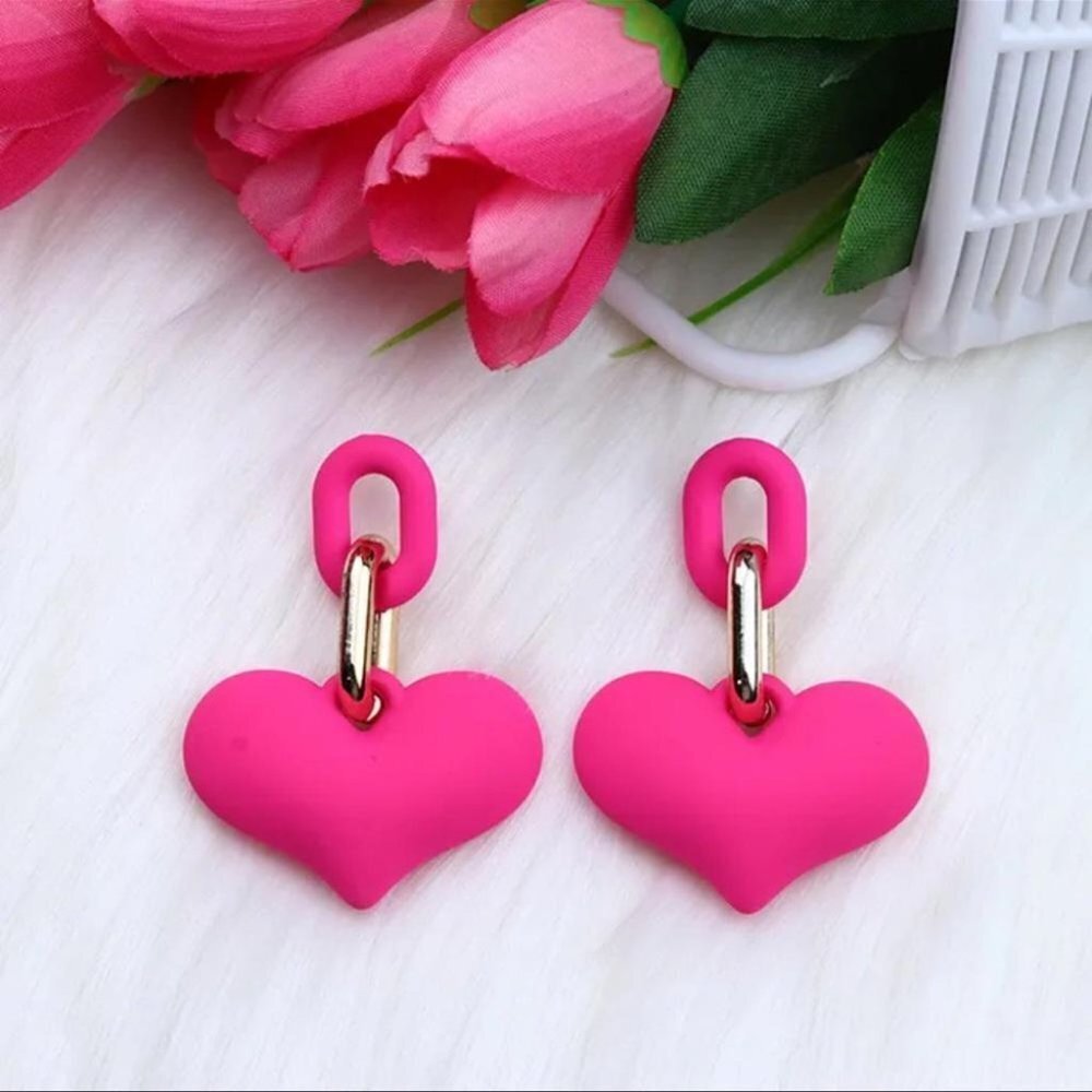 Hot Pink Heart and Chain Detail Drop Statement Earrings Feminine Chunky Barbie